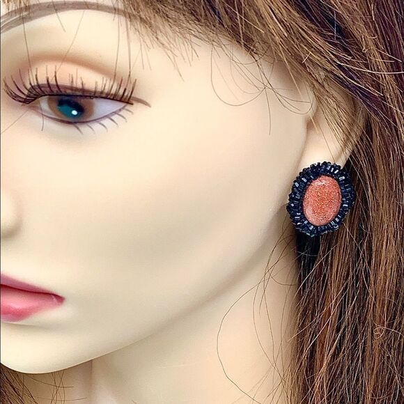 Hand beaded goldstone black glass bugle bead earrings pierced artist made - Picture 11 of 13
